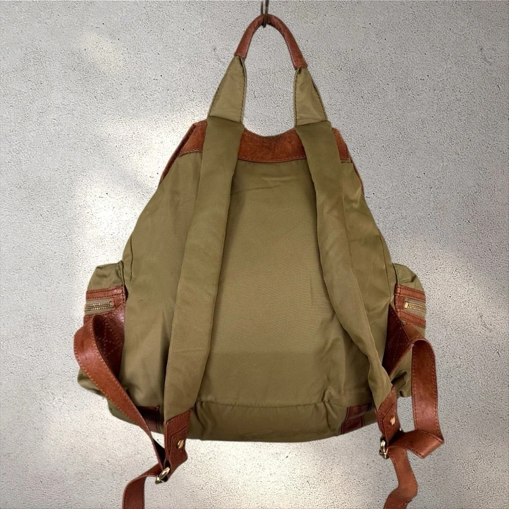 Tory Burch Green Nylon Leather Backpack Zippered Drawstring